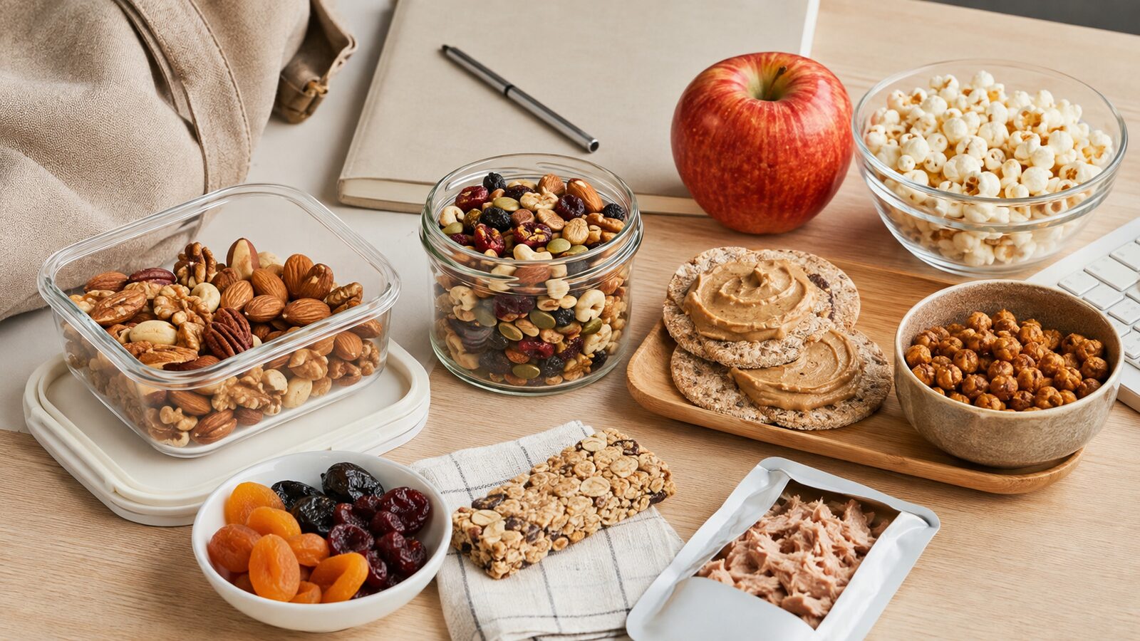 Shelf-stable work snacks including nuts, trail mix, fruit, popcorn, crackers, roasted chickpeas and dried fruit