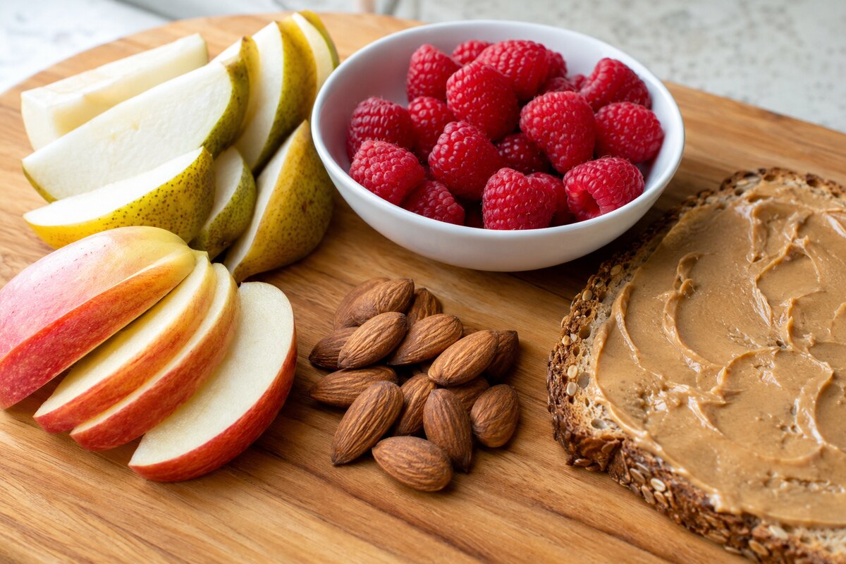 Apple and pear slices, raspberries, almonds, and nut butter on whole-grain toast.